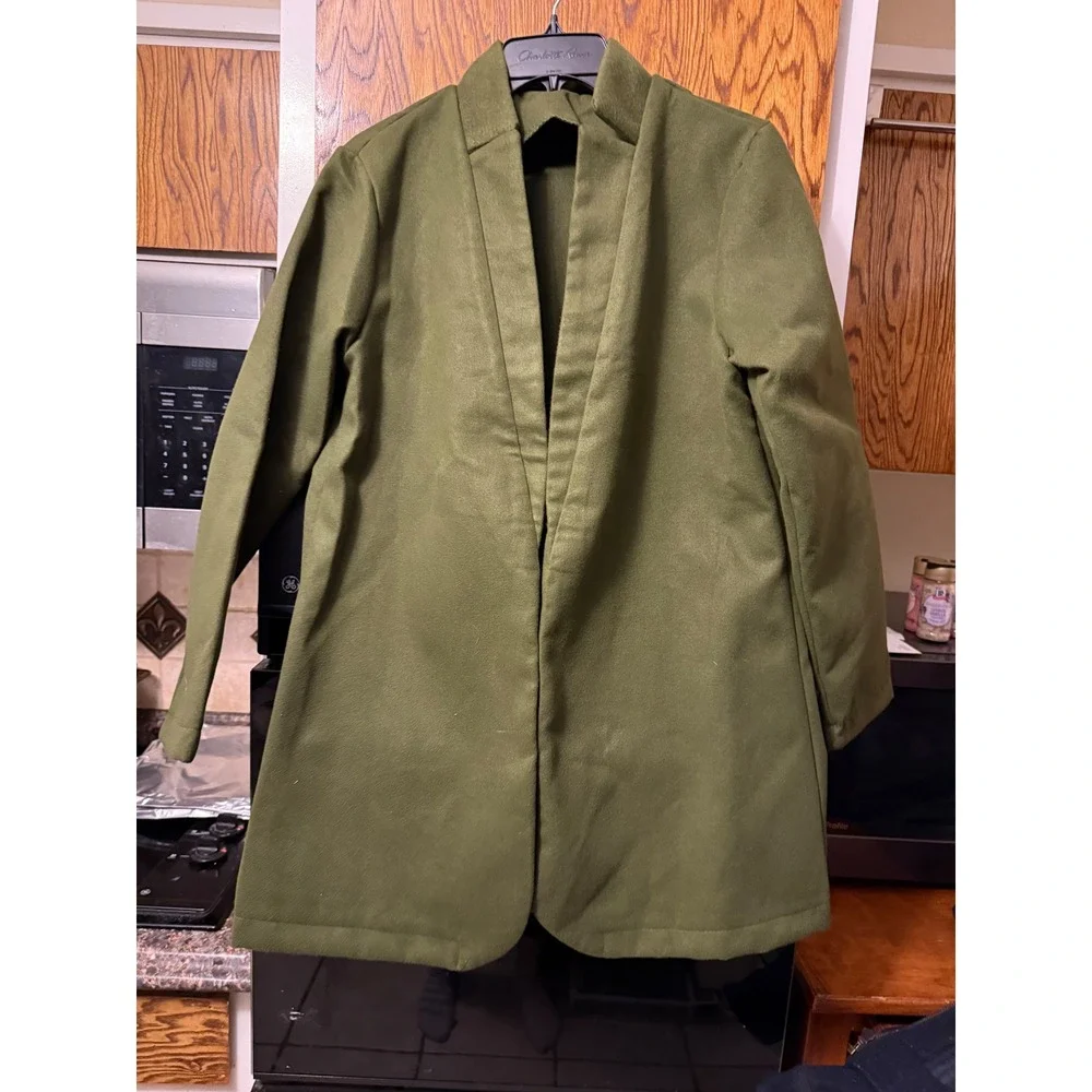 Womens Olive Green Open Front‎ Collarless Long Sleeve Coat XL